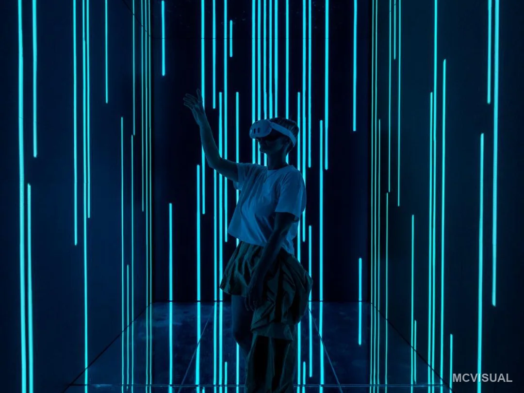 Immersive attraction, Bulgaria — The same surfaces running a cooler scene. An attraction changes its show without touching hardware, so the installed cos