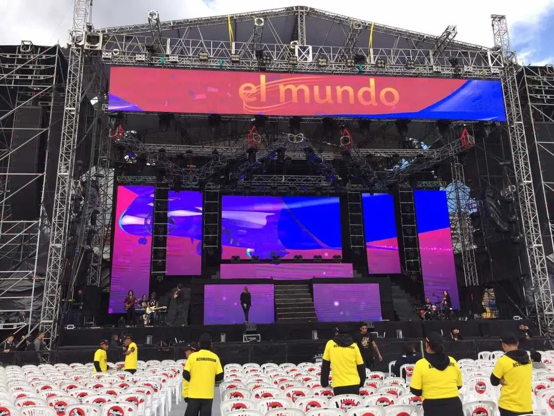 Outdoor rental LED wall and side wings built for an open-air concert stage in Ecuador