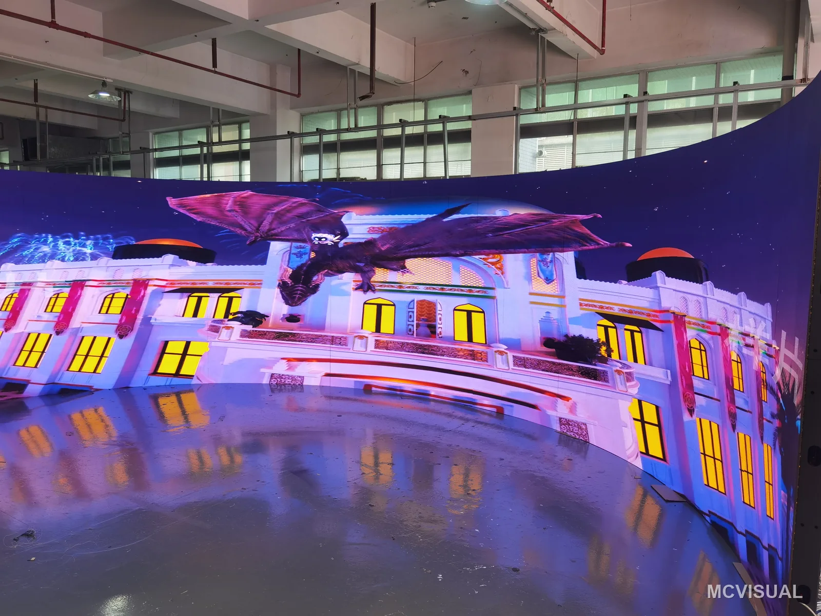 Immersive curved wall, factory build, Shenzhen, China — Colour and uniformity checked across the arc rather than panel by panel. Drift that is invisible on one module is obviou