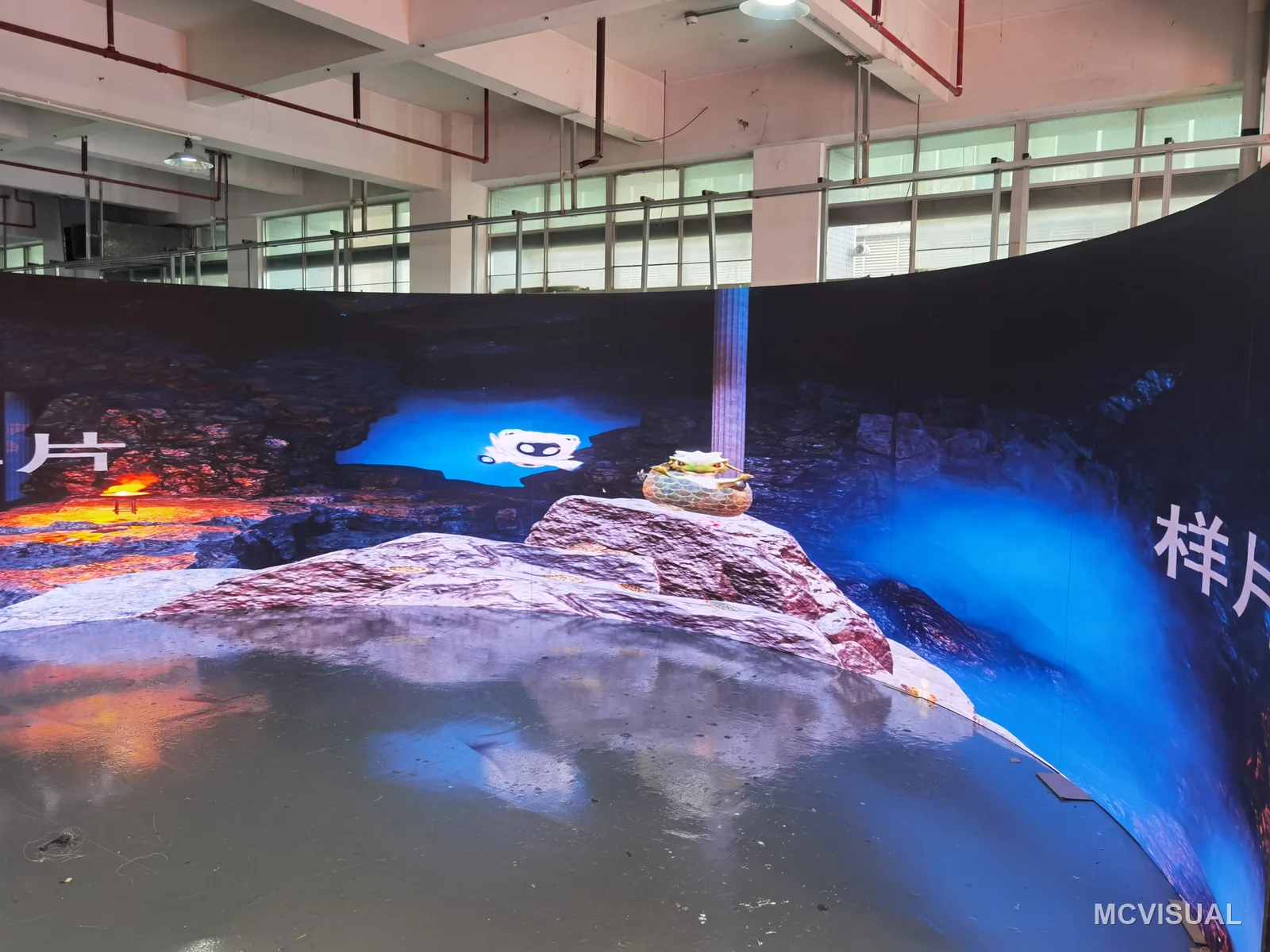 Immersive curved wall, factory build, Shenzhen, China — 9.6 m curved wall assembled and run in full before shipment