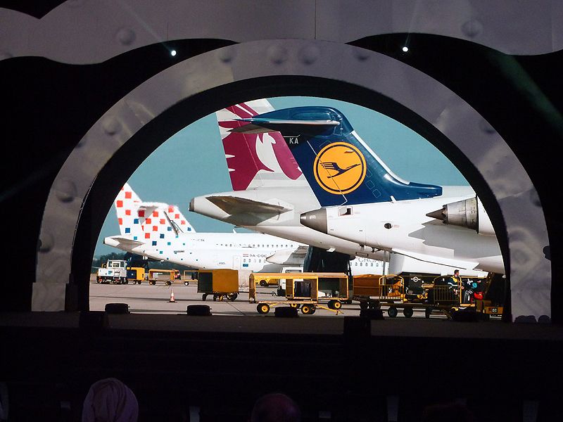 Franjo Tuđman Airport, Zagreb, Croatia — Shaped indoor screen in the departures terminal