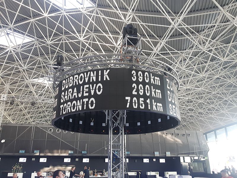 Franjo Tuđman Airport, Zagreb, Croatia — Circular flight-information display above the check-in hall