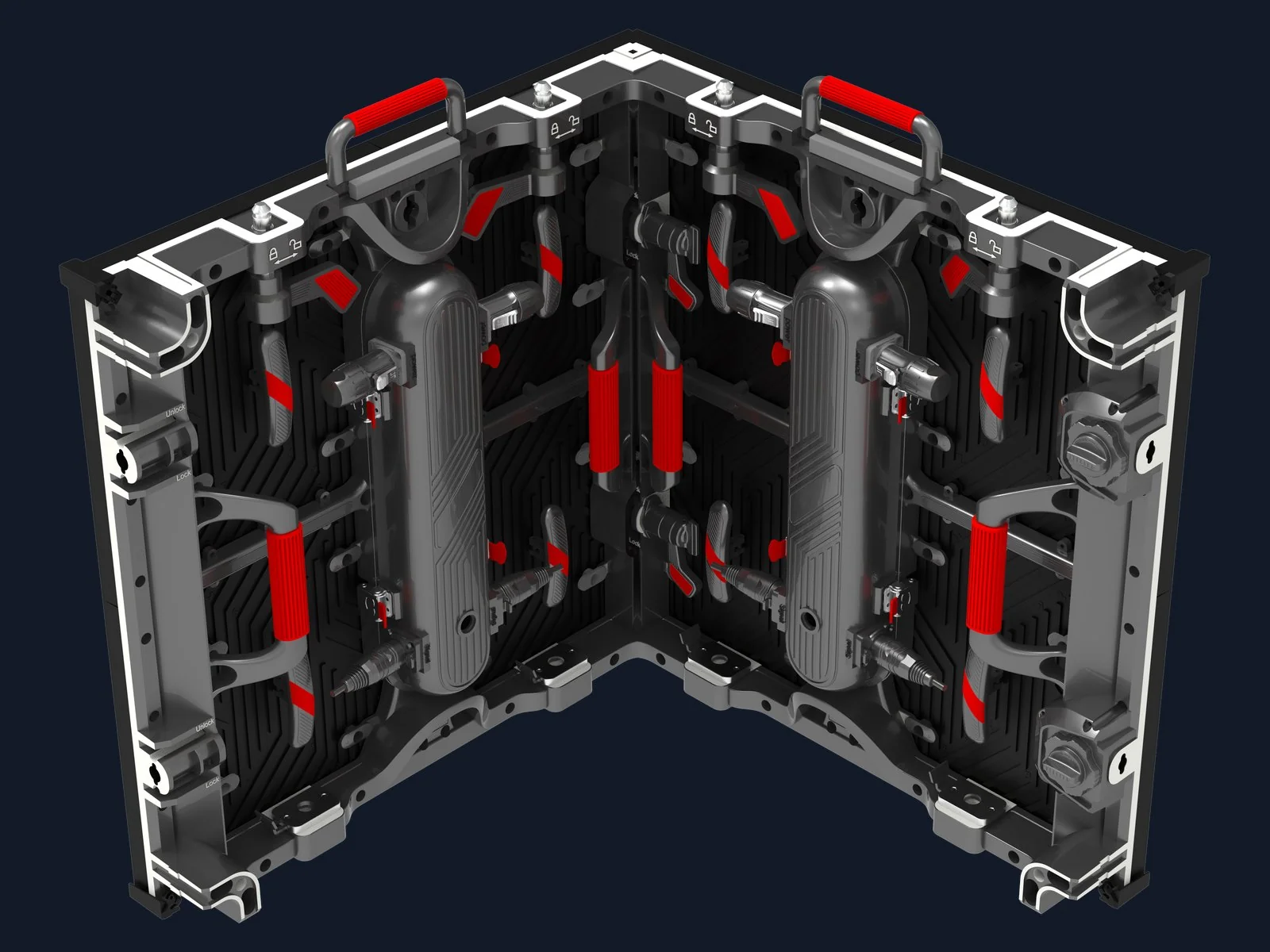 Die-cast aluminium LED cabinet machined for flatness, shown from the rear